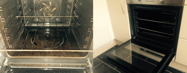 An oven cleaned with the boiling water technique